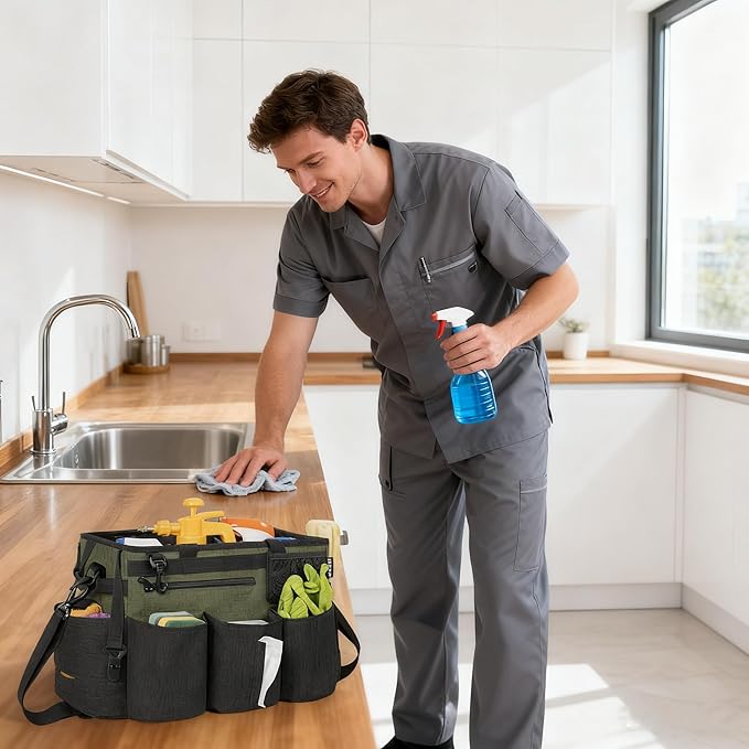 IBVIVIC Wearable Cleaning Caddy Bag for Cleaning Supplies,Large Capacity Cleaning Organizer Green