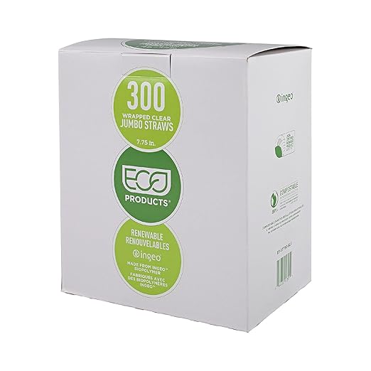 Eco-Products Compostable Paper Wrapped Plastic Straws, 7.75" Long, 8mm Diameter, Box of 300, Clear Disposable Plant Based PLA Plastic, Standard Sized Drinking Straws, ASTM Compliant, BPI-Certified