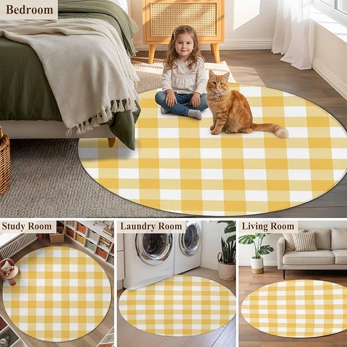 Washable Round Area Rug Rustic Country Yellow and White Buffalo Lattice Checked Circle Rugs Floor Carpet for Living Room Bedroom, Farm Style Soft Non Slip Round Rug 4ft