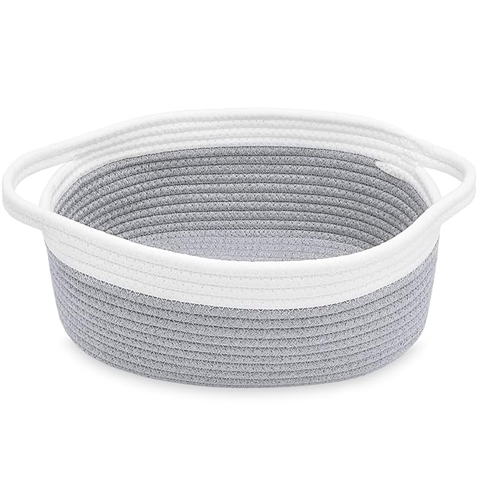 ABenkle Small Basket with Handles, Boho Decorative Rope Woven Dog Cat Toy Storage Bin Shelf Storage Organizer, Easter Christmas Gift Basket, 12"x8"x5", Grey