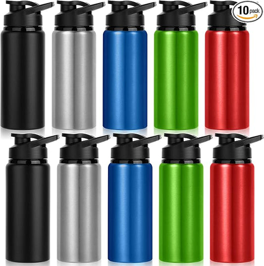 10 Pack Water Bottles Bulk, 20oz Sports Aluminum Water Bottle with Snap Lids Metal Reusable Water Bottles Leak proof Bottle for Travel Camping Gym Hiking Fishing(Mixed Colors)