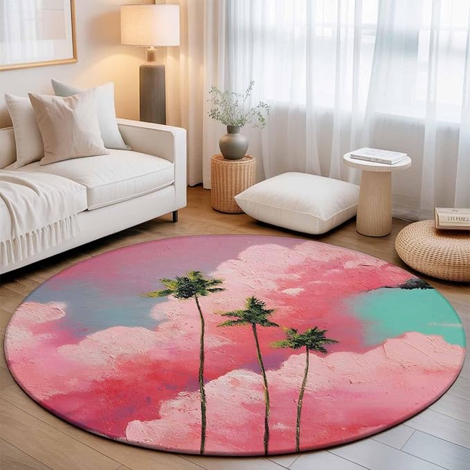 Washable Round Area Rug Summer Dreamy Pink Cloud Circle Rugs Floor Carpet for Living Room Bedroom, Watercolor Tropical Palm Tree Soft Non Slip Round Rug 5ft