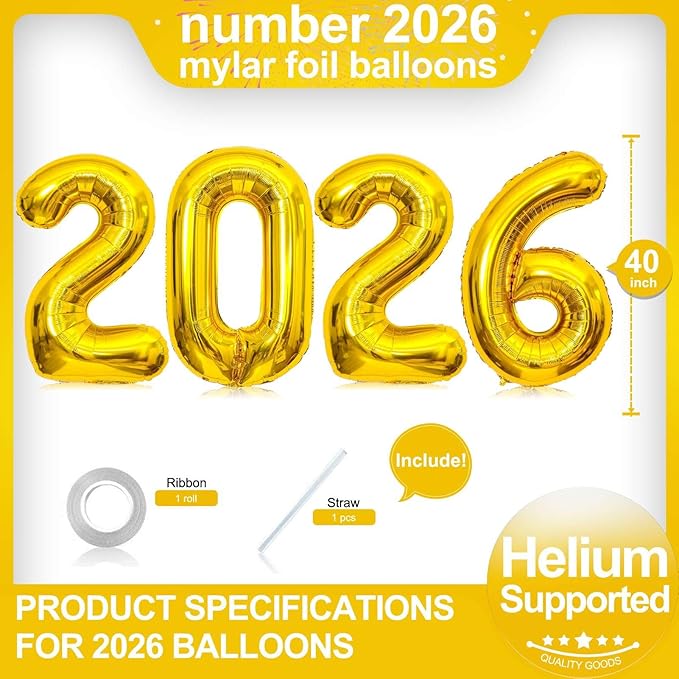 Gold 2026 Balloons,Gaint 40 Inch Gold 2026 Number Balloons,40 Inch 2026 Gold Balloons for New Year Eve Party Supplies 2026, New Years Decorations 2026, Christmas, Graduations Decorations