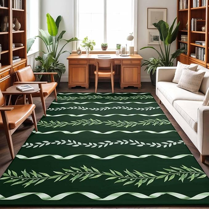 Area Rug 8x10ft, Botanical Leaves Green Ribbons Washable Rugs for Living Room Bedroom, Summer Foliage Plant Soft Non-Slip Area Rugs Rectangle Floor Carpet for Dining Room