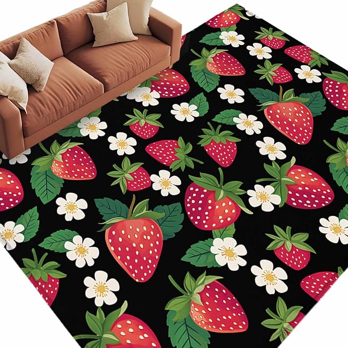 Area Rug 6x9ft, Red Strawberry Litter Flower Leaves on Black Washable Rugs for Living Room Bedroom, Summer Fruit Soft Non-Slip Area Rugs Rectangle Floor Carpet for Dining Room