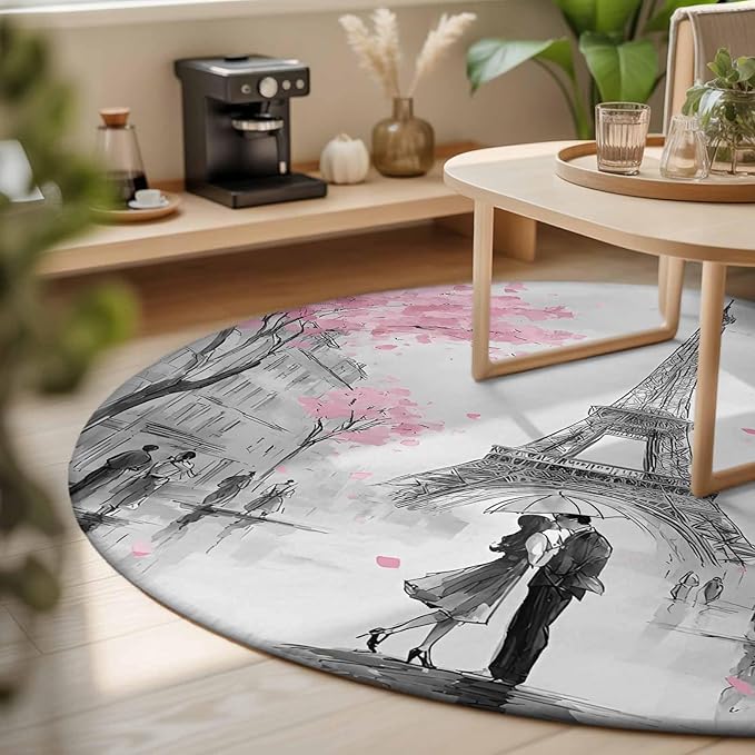 Washable Round Area Rug Vintage Towel Couple Pink Flower Circle Rugs Floor Carpet for Living Room Bedroom, Watercolor Modern City Scene Soft Non Slip Round Rug 3ft