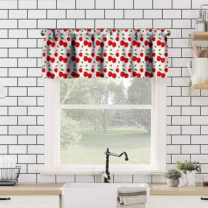 Red Cherry Curtain Valance, Cute Fruit Farmhouse Decorative Rod Pocket Window Drapes for Kitchen Dining Room Bedroom Living Room Cafe Party Home Decoration, 54x18Inch