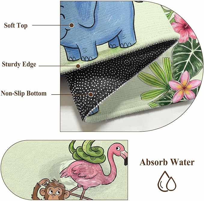 Washable Round Area Rug Funny Elephant Zebra Flamingo Circle Rugs Floor Carpet for Living Room Bedroom, Tropical Leaves Floral Soft Non Slip Round Rug 3ft