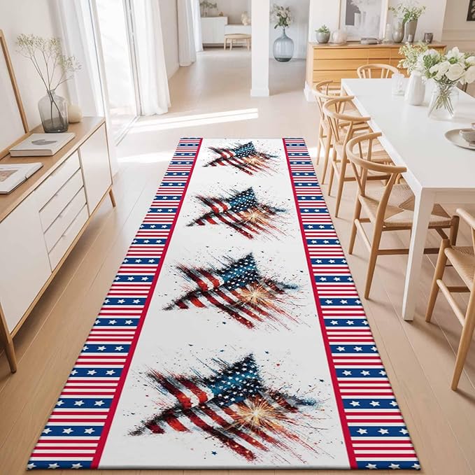 Runner Rug for Bedroom Hallway, 4th of July Stars Stripes Abstract Flag Kitchen Runner Rugs Area Rug 2x6ft, Patriotic Theme Washable Soft Floor Carpet for Entryway Stair