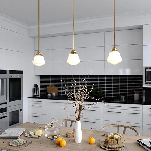VAXCEL Huntley LED Compatible Gold Brass Farmhouse Mini Pendant Ceiling Light White Schoolhouse Glass