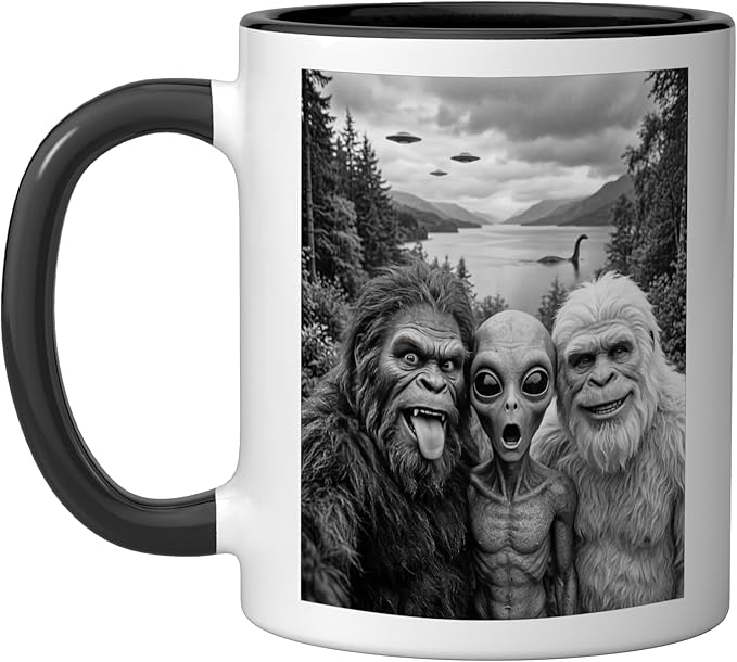 Bigfoot Alien Loch Ness Monster UFO Selfie Funny Cryptid Art Ceramic Mug, Black/White