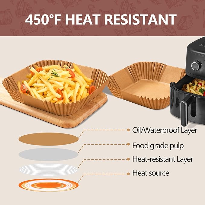 UBeesize 9 Inch Air Fryer Paper Liners, 400 PCS Parchment Paper, Air Fryer Disposable Paper Liners for Microwave, Non-Stick Sheets Square Free of Bleach（Bottom size 8 Inch）