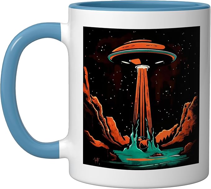 Aliens Abducting people into Flying UFO Saucer Abduction Ceramic Mug, Blue/White