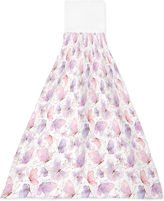 Alandar Home Kitchen Tie Towel Set of 1, Spring Watercolor Butterfly on White Absorbent Soft Hand Towels for Bathroom Hanging Towels, Pink Purple Insects Fast Drying Cleaning Cloth with Loop