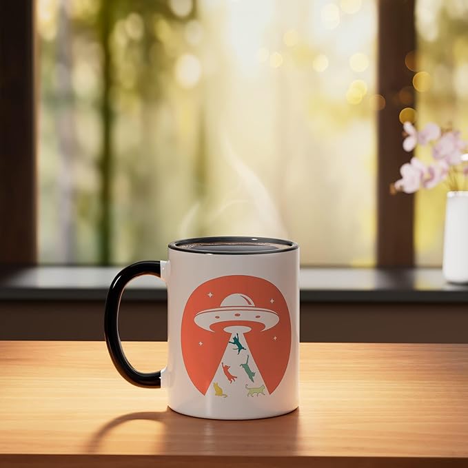 Cat UFO Funny Cat humor Kitten Owner UFO lover flying saucer Ceramic Mug, Black/White