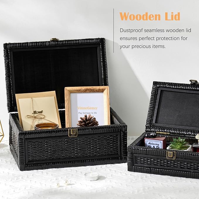 Rattan Box with Lid Decorative Natural Handmade Boho Rattan Baskets Woven Wicker Cane Bins Keepsake Memory Jewelry Boxes Rectangular Desk Shelf Closet Organizer Container (Black, Small)
