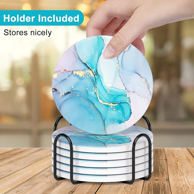 Nipichsha Coasters for Drinks, Set of 6 Cute Absorbent Ceramic Drink Coasters for Cup with Holder and Cork Base, Kitchen Home Decor Housewarming Gift, Round 4 in, Colorful Marble