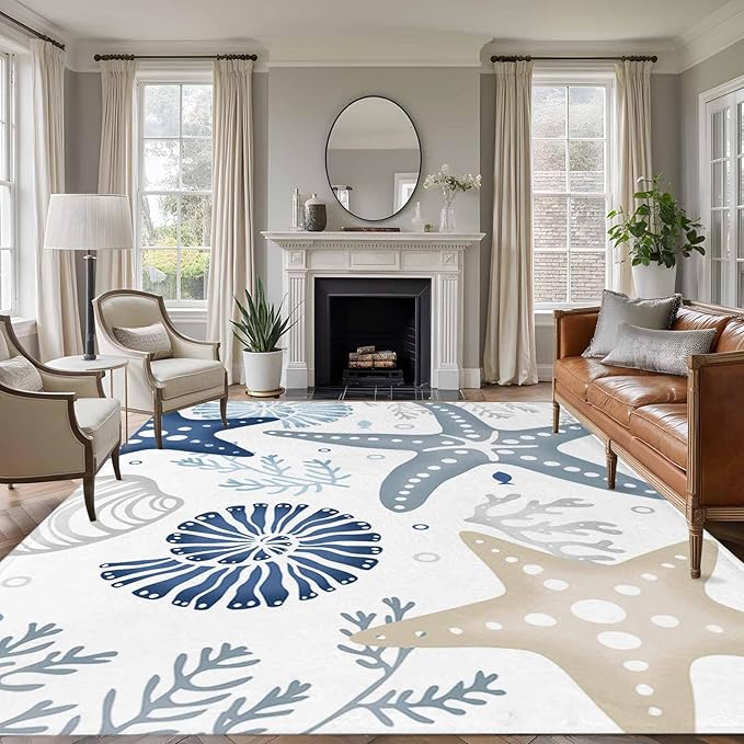Area Rug 6x9ft, Ocean Starfish Shell Conch Washable Rugs for Living Room Bedroom, Sea Blue Coral Seamless Soft Non-Slip Area Rugs Rectangle Floor Carpet for Dining Room
