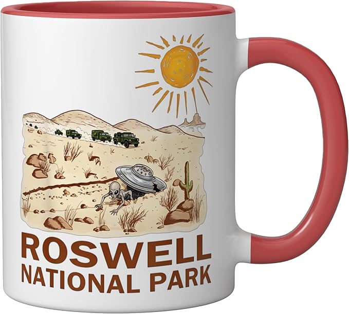 Roswell National Park UFO Flying Saucer Crash 1947 UAP Alien Ceramic Mug, Red/White