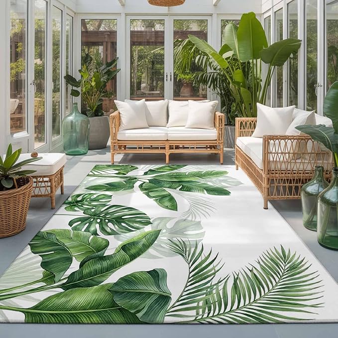 Area Rug 3x5ft, Watercolor Green Tropical Leaves Washable Rugs for Living Room Bedroom, Botanical Palm Leaf Plants Soft Non-Slip Area Rugs Rectangle Floor Carpet for Dining Room