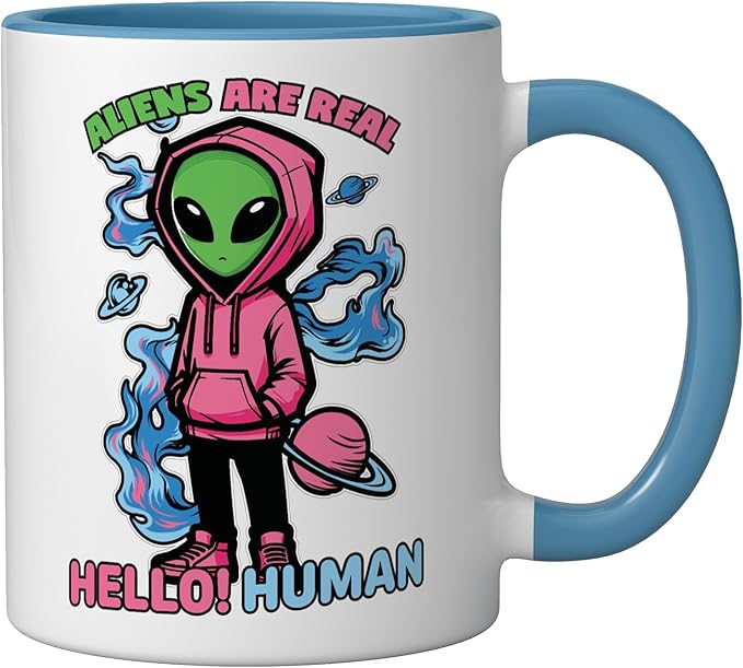 Aliens Are Real UFO Flying Saucer Grey Alien Sci-Fi Art Ceramic Mug, Blue/White