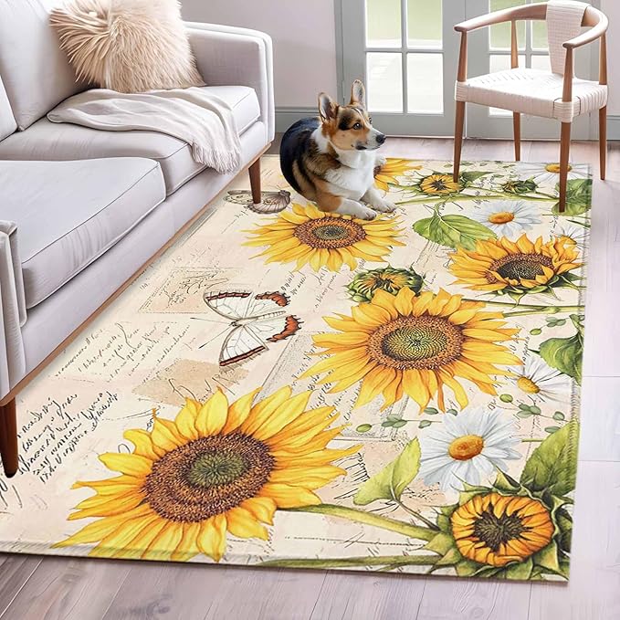 Sunflower Farmhouse 2.7x5 Area Rugs, Retro Floral Butterflies Non-Skid Rubber Backing Large Rectangle Rugs - Living Room Bedroom Home Office, Spring Summer Indoor Floor Mat Carpets Washable Rug