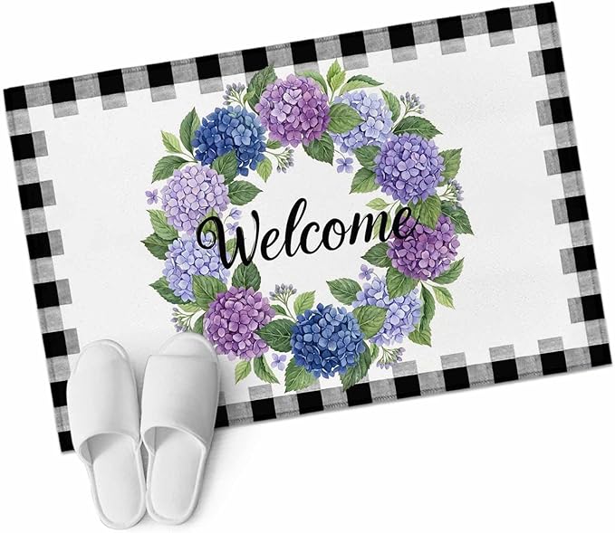Area Rug 2x3ft, Summer Hydrangea Leaf Washable Rugs for Living Room Bedroom, Purple Blue Flower Buffalo Check Soft Non-Slip Area Rugs Rectangle Floor Carpet for Dining Room