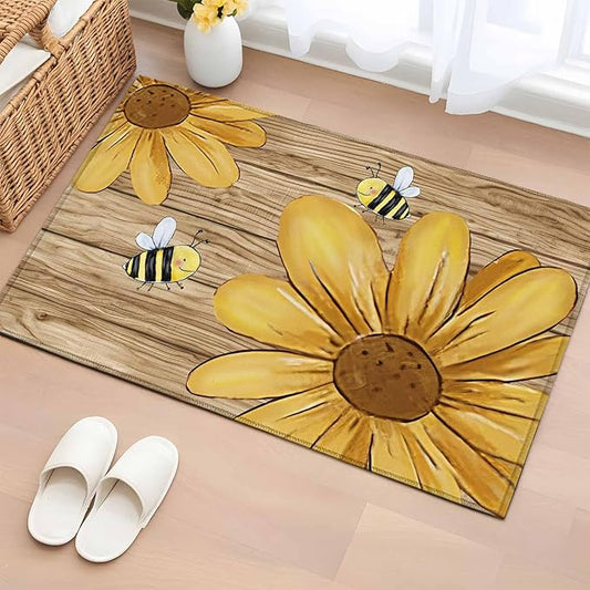 Area Rug 2x3ft, Summer Yellow Bee Blossom Flower Washable Rugs for Living Room Bedroom, Retro Rustic Brown Wood Board Soft Non-Slip Area Rugs Rectangle Floor Carpet for Dining Room