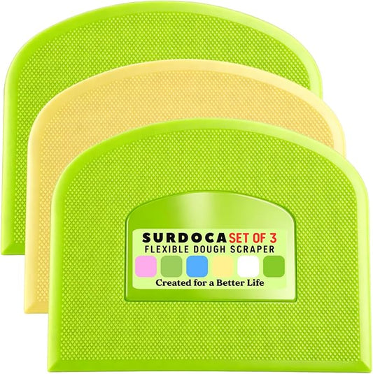 SURDOCA Dough Scraper Bench Scraper - 3P 13x7.9" Plastic Flexible Bowl Scraper, Sharp Edge & Angles Cake Scraper. Non-Slip Bakeware Decorating Tools Sculpting & Modeling Tools - Green+Yellow+Green