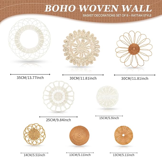 Boho Wall Basket Decor Set of 8,Rattan Flower Wall Decor,Flat Woven Baskets Wall Hanging Decor,Unique Boho Wicker Seagrass Wall Decor(Rattan Classic)