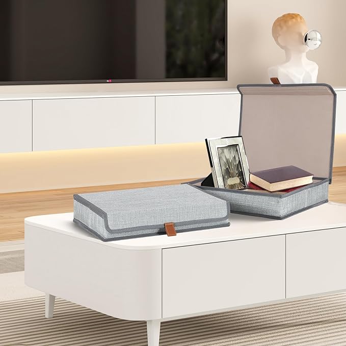 Photo Storage Boxes with Lids, Memory Box for Keepsakes, Picture Organizer Versatile Linen Containers Basket Collapsible Bin for Organizing Home Office, 2 Pack, 14x10.8x2.5 Inch, Gray