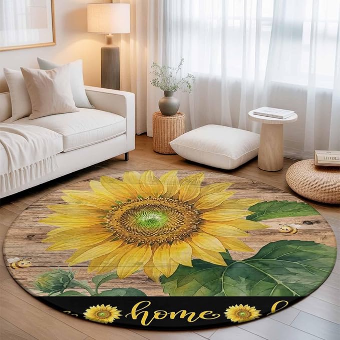 Washable Round Area Rug Summer Sunflowers Bees Circle Rugs Floor Carpet for Living Room Bedroom, Farmhouse Wood Background Soft Non Slip Round Rug 5ft
