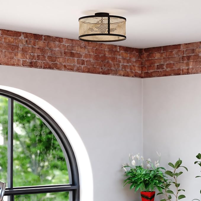 VAXCEL Berens 15.5-in W Matte Black Modern Farmhouse Drum Semi Flush Mount Ceiling Light with Rattan Cane Shade