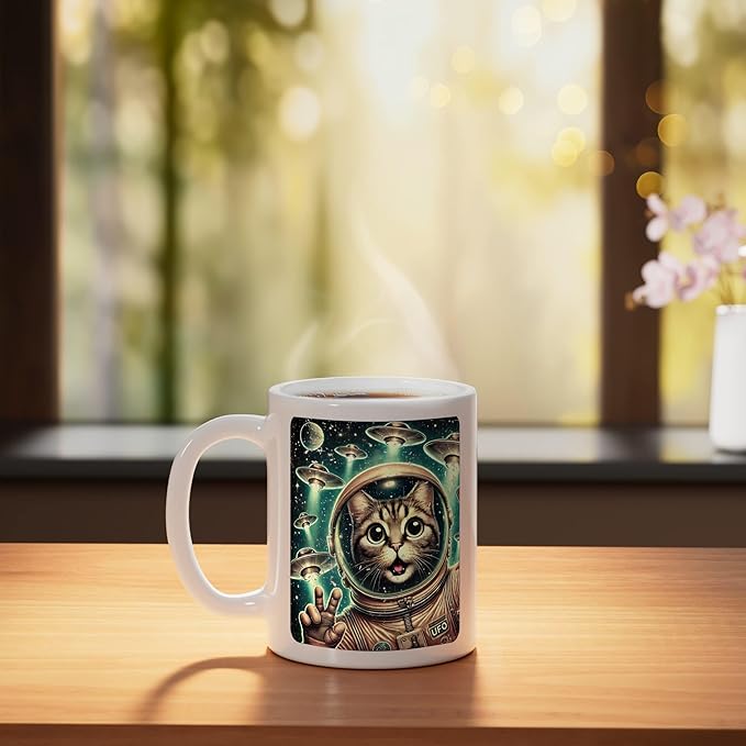 Space Cat Astronaut UFO Funny Sci-fi Alien Selfie Ceramic Mug, White
