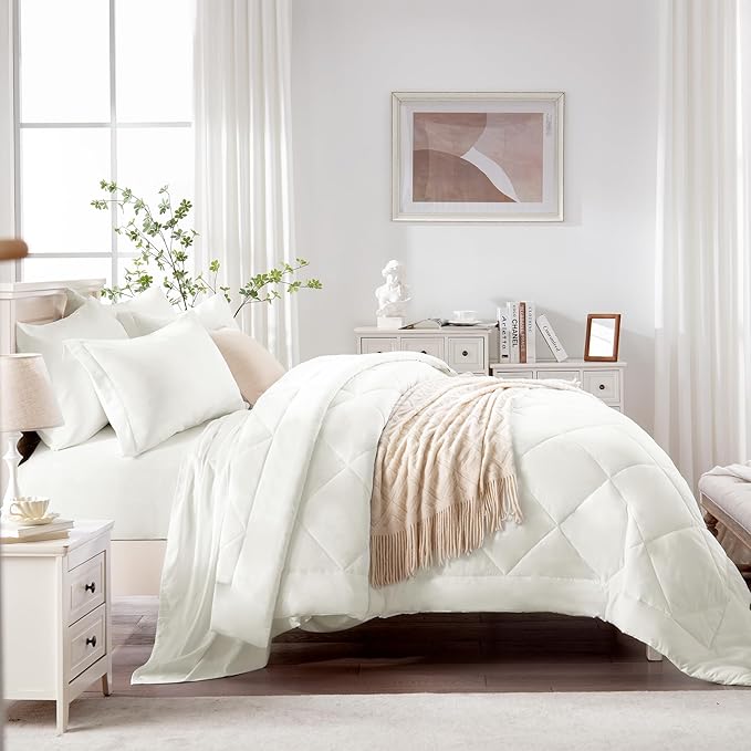 Love's cabin Twin XL Comforter Set Ivory, 5 Pieces Twin XL Bed in a Bag, All Season Bedding Sets with 1 Comforter, 1 Flat Sheet, 1 Fitted Sheet, 1 Pillowcase and 1 Pillow Sham | Soft, Breathable, Lightweight, Comfortable
