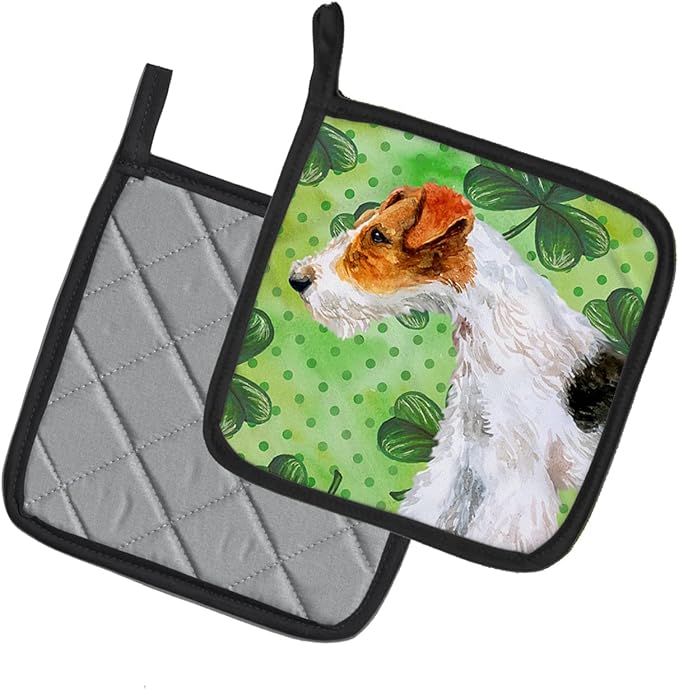 Caroline's Treasures BB9824PTHD Fox Terrier St Patrick's Pair of Pot Holders, Green Kitchen Heat Resistant Pot Holders Sets Oven Hot Pads for Cooking Baking BBQ, 7 1/2 x 7 1/2