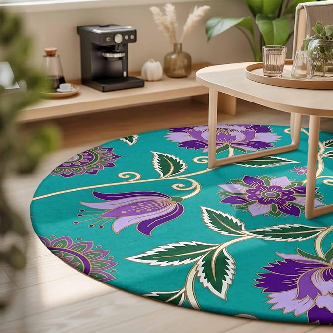 Washable Round Area Rug Bohemian Purple Flowers Circle Rugs Floor Carpet for Living Room Bedroom, Paisley Floral Art Soft Non Slip Round Rug 3ft