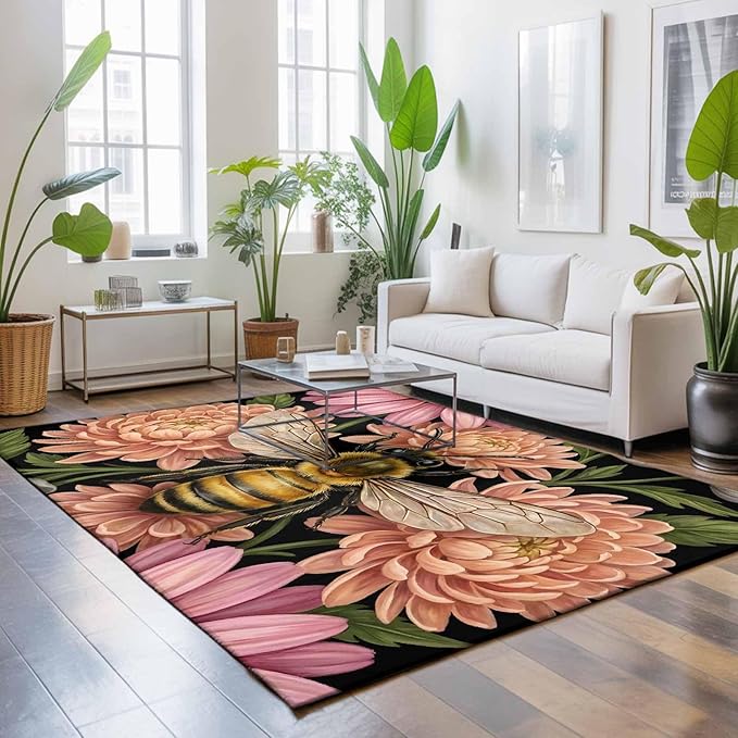 Area Rug 4x6ft, Vintage Honey Gold Bee Pink Flowers Washable Rugs for Living Room Bedroom, Sage Green Leaves Soft Non-Slip Area Rugs Rectangle Floor Carpet for Dining Room