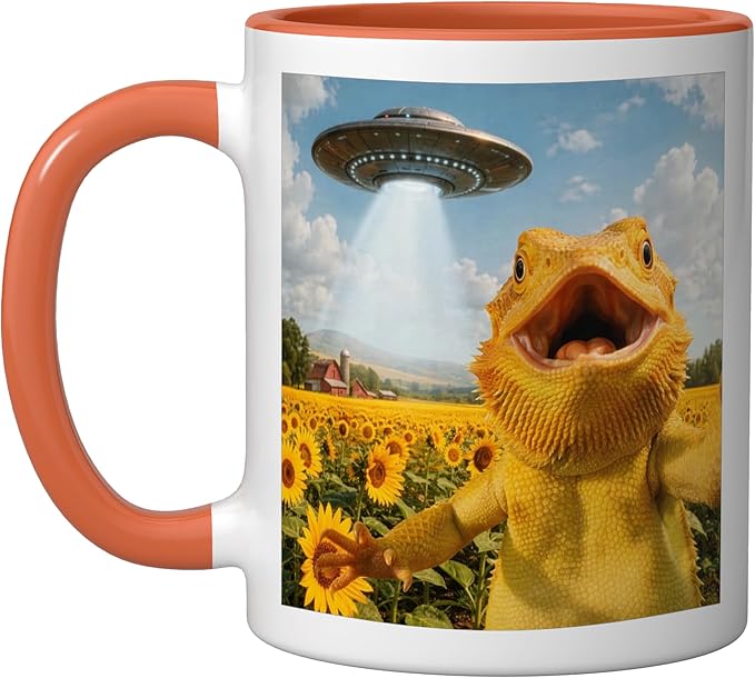 Funny Bearded Dragon Selfie with Alien UFO Ceramic Mug, Orange/White