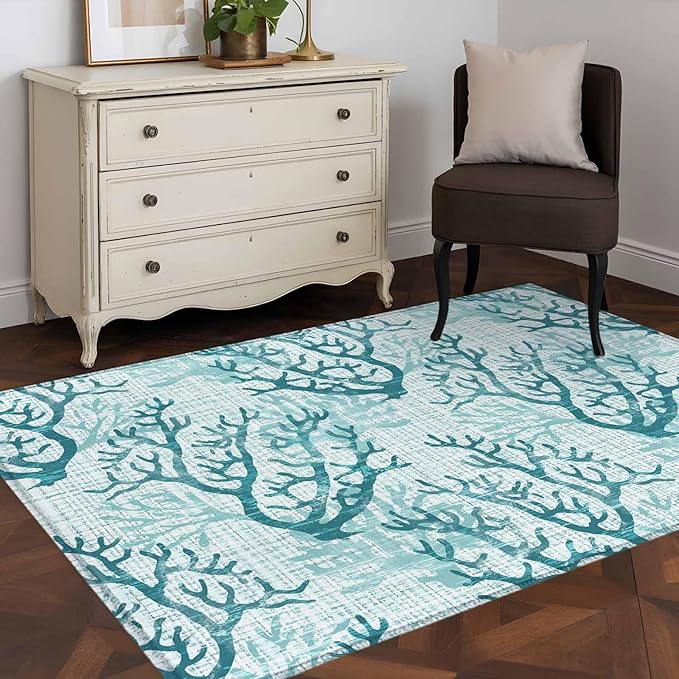 Area Rug 3x5ft, Coastal Sea Coral Retro Linen Washable Rugs for Living Room Bedroom, Underwater Ocean Life Soft Non-Slip Area Rugs Rectangle Floor Carpet for Dining Room
