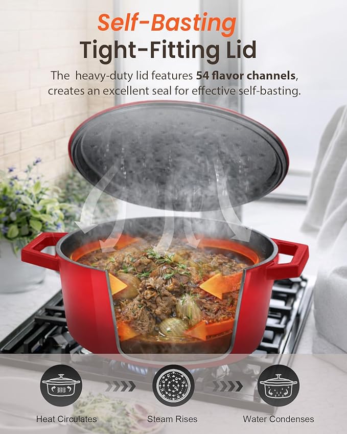 Nuwave 6QT LUX Healthy Enameled Cast Iron Dutch Oven Pot with Lid, Heavy Duty 7-Layer Enamel, Enhanced Rust Protection, Dual Handles, Oven Safe to 500°F for Sourdough Bread Baking, Braise, Stew, Roast