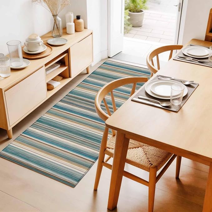 Runner Rug for Bedroom Hallway, Minimalist Vertical Stripes Kitchen Runner Rugs Area Rug 2x6ft, Retro Boho Lines Washable Soft Floor Carpet for Entryway Stair