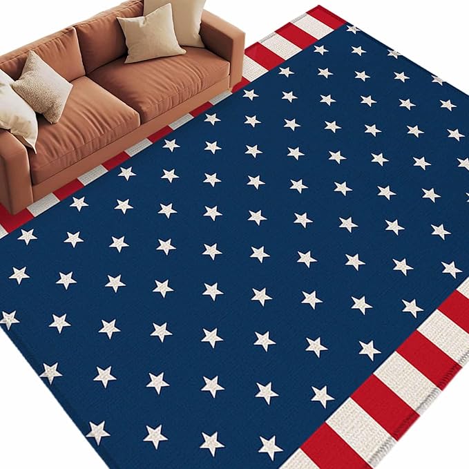 Area Rug 6x9ft, American Independence Day Washable Rugs for Living Room Bedroom, USA Stars on Blue Red White Border Soft Non-Slip Area Rugs Rectangle Floor Carpet for Dining Room