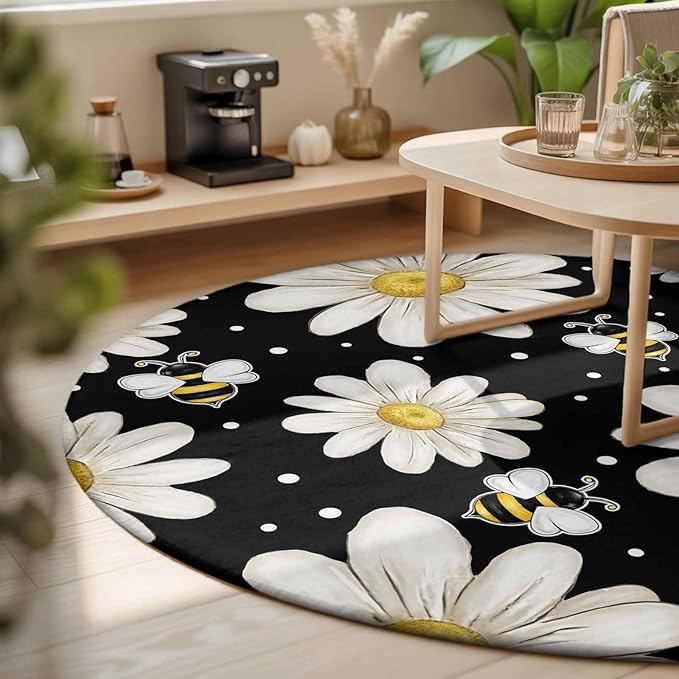 Washable Round Area Rug Watercolor White Floral Daisy Bee Circle Rugs Floor Carpet for Living Room Bedroom, Blossom Flower on Black Soft Non Slip Round Rug 3ft
