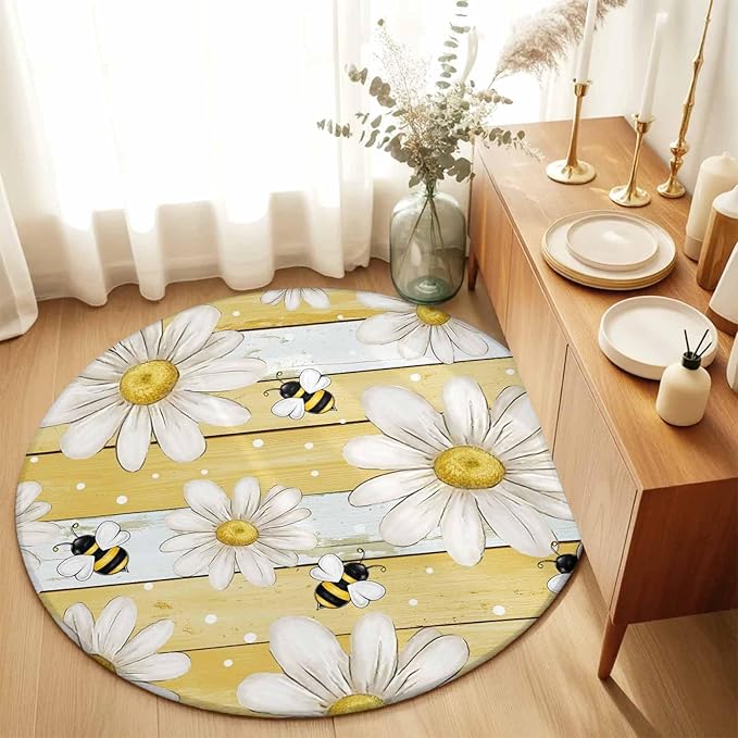 Washable Round Area Rug Summer Rustic Daisy Flower Bee Circle Rugs Floor Carpet for Living Room Bedroom, Blossom Floral Yellow Wooden Soft Non Slip Round Rug 3ft