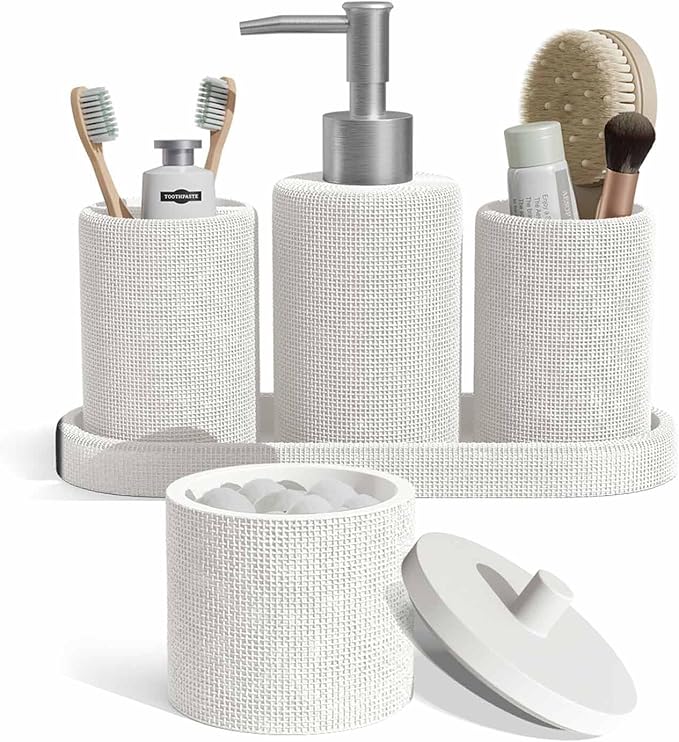 Clara Clark Bathroom Set - White Bathroom Accessories Set, 5PC Bathroom Accessory Set, Bathroom Sets with Soap Dispenser, Toothbrush Holder, Tumbler, Cotton Swab Jar & Vanity Tray