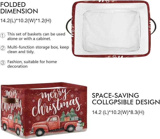 Christmas Red Snowman Truck Print Rectangular Storage Bin Basket with Handles - Laundry Storage Basket Organizer Bins for Pets Room Books Closet