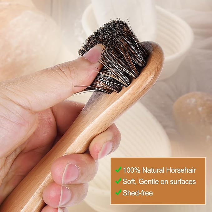 Natural Horsehair Cleaning Brush for Banneton Proofing Baskets, Round Sourdough Bread Basket Scraper & Flour Crumb Brush, Beech Wood Handle, Shed-Free Baking Supplies