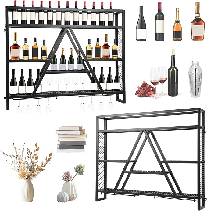 Wall Mounted Wine Rack Multi-Purpose Bar Liquor Bottle Display Shelf Large Capacity for Kitchens Bars Cafes