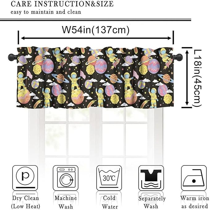 Retro Cartoon Space Valance, Funny Hippie Groovy Astronaut Planet Rocket Short Window Treatment for Kitchen Bedroom Nursery Living Room Decor, 54x18Inch